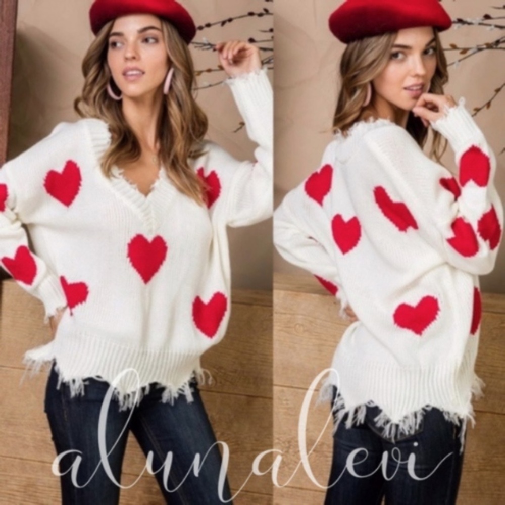 Cozy Red Heart Frayed V neck Sweater Top - Picture 3 of 3